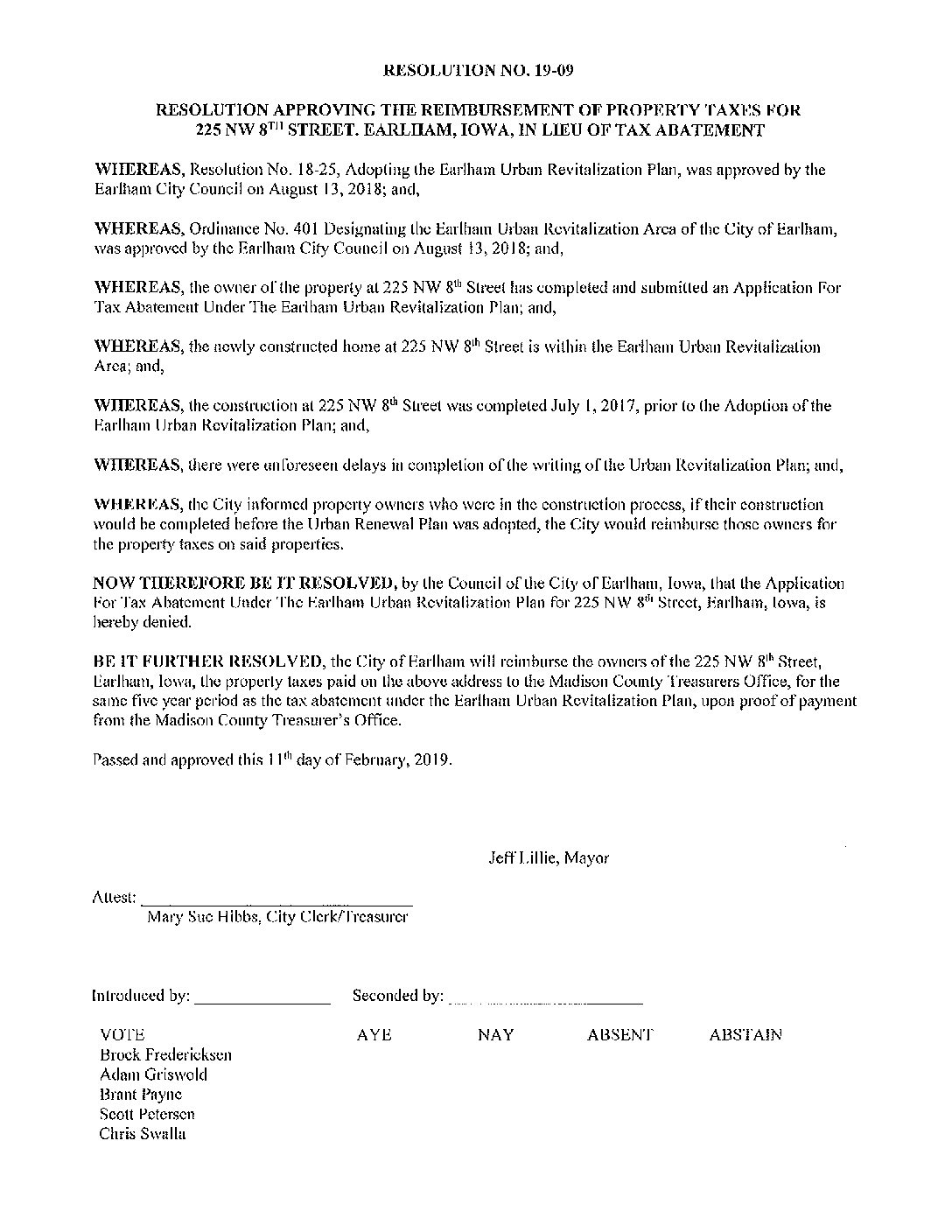 8d) Res 199&10 denying tax abatement apps City of Earlham