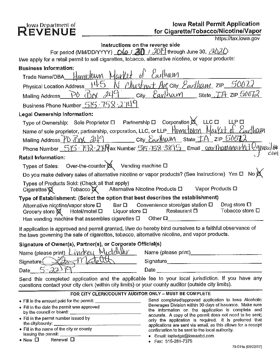 3g) Hometown Mkt tobacco permit app City of Earlham
